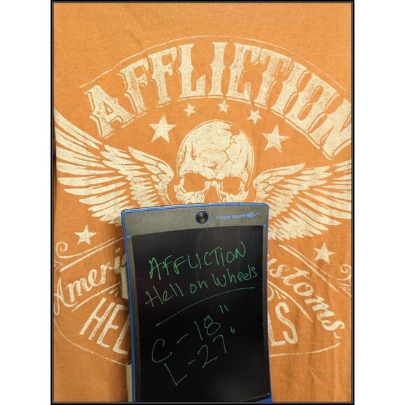 AFFLICTION American Customs Hell on Wheels Winged Skull T-Shirt Orange Men's S - Picture 7 of 7